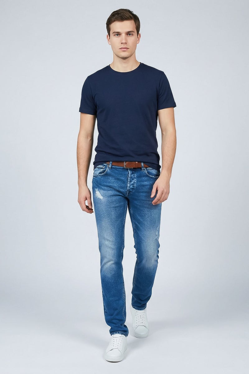 Replay Men Straight Fit Washed Stretchable Denim Jeans, Blue - Image 4