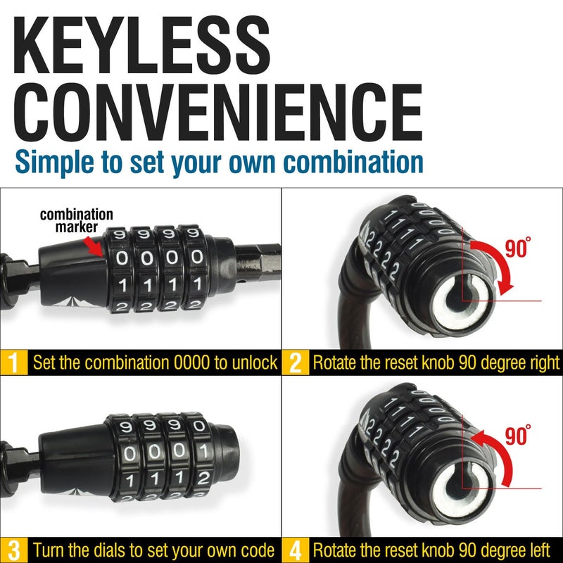 MARQUE Straight Combination Bike Lock Cable - 3/8 inch (5FT, 10FT, 15FT, 25FT) Resettable Combination Lock, Anti-Theft Security Cable for Bicycles, Kayaks, Paddle Boards and Outdoor Gear (05 FT) - Image 3