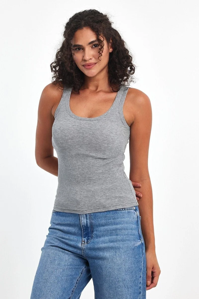 mmetalic Women's Gray Ribbed Look Strap Thick Basic Tank Top Blouse