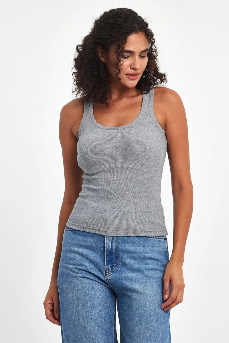 mmetalic Women's Gray Ribbed Look Strap Thick Basic Tank Top Blouse