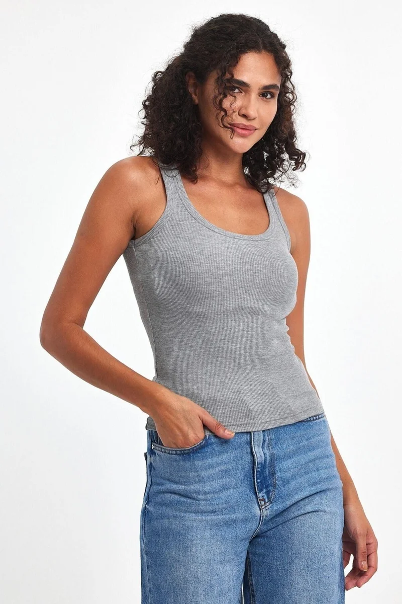 mmetalic Women's Gray Ribbed Look Strap Thick Basic Tank Top Blouse