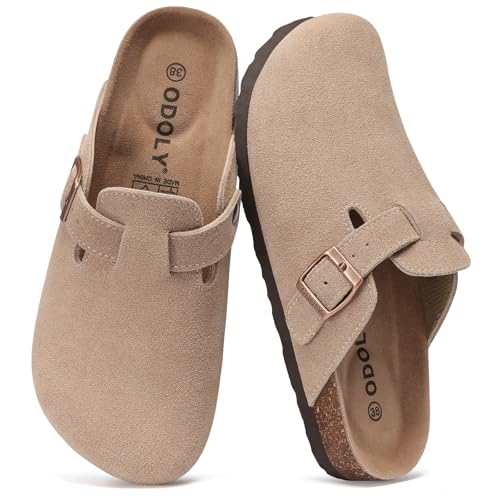 ODOLY Genuine Suede Clogs for Women Men Soft Cork Footbed Leather Mules Comfort Potato Shoes with Arch Support, Taupe-45 - Image 1