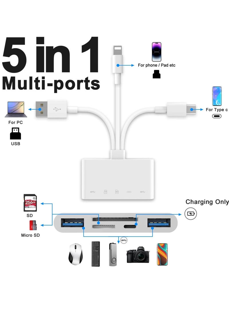 KASTWAVE - 5 in 1 memory card reader usb otg adapter sd card reader for iphone ipad usb c and usb a devices with micro sd sd card slots otg adapter for sd micro sd sdhc sdxc mmc - Image 1