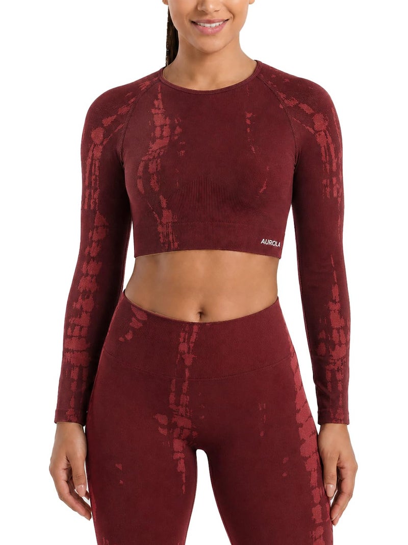 AUROLA Serpent Snake Long Sleeve Shirts for Women Seamless Workout Crop Tops Crew Neck Cropped T Shirt Athletic YogaBurgundyS - Image 2
