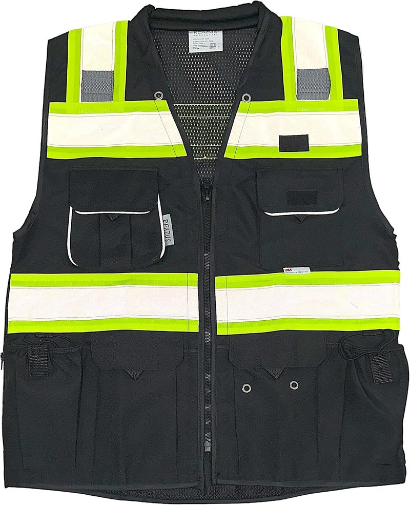 REXZUS Black Safety Vest, XX-Large, Men's Professional Surveyors Vest with Zipper and Utility Pockets - Image 1