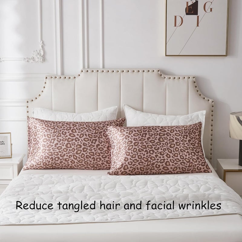 URLINENS Satin Pillowcase for Hair and Skin, Soft and Cooling Similar to Silk Pillow Cases 2 Pack with Envelope Closure Standard Size Satin Pillow Covers, Gift for Women(20"x26", Leopard, Pink) - Image 2