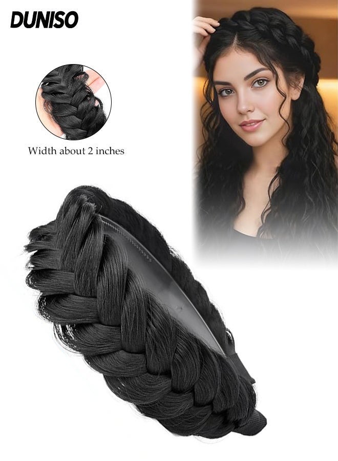 DUNISO Wide Braided Headband Hoop, Chunky Fishtail Braided Hair Band Hairpiece for Girls Women ,Wide Messy Braided Headband with Teeth ,Elastic Non-slip Hairpiece Band,Beauty Hair Accessories for Women and Girl（Black） - Image 1