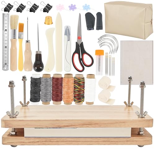 FUXAFU 50 Pcs Book Binding Kits, 13"x7.9" Inch Wooden Book Press，Books Binding Materials, with Bone Folder, Awl, Needles for DIY Bookbinding, BookRepair, Handmade Crafts - Image 1