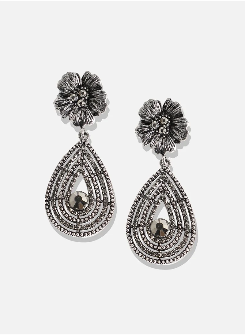 SOHI Crystal Teardrop Flora Drop Earrings - Silver-Colour