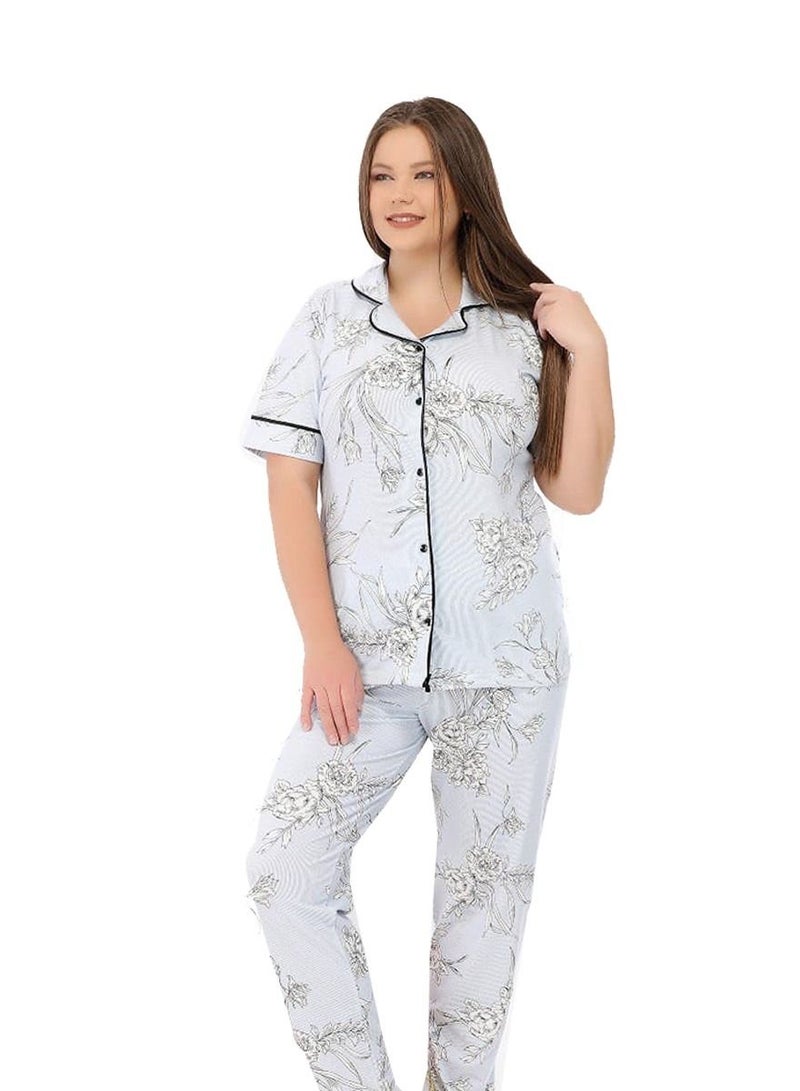 Ganna Women's short-sleeved pyjamas with buttons and summer long pants made of cotton large sizes 