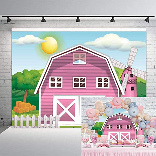 Eainb 7x5ft Pink Farm Barn Backdrop Cartoon Farm Animals Party Photography Background Pink Barn House Green Grass Background Girls 1st 2nd Birthday Party Baby Shower Cake Table Decoration Supplies - Image 1