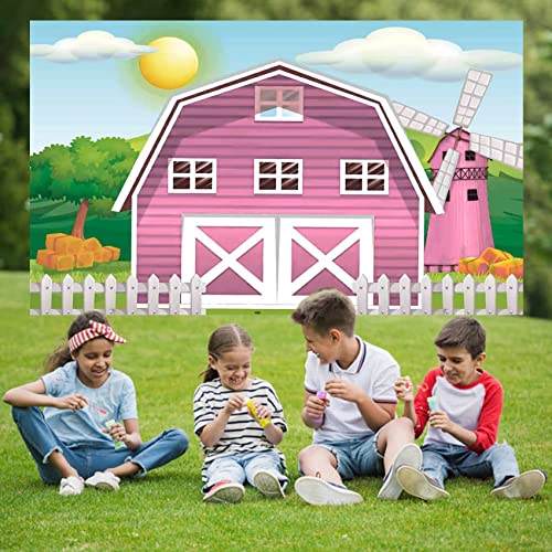 Eainb 7x5ft Pink Farm Barn Backdrop Cartoon Farm Animals Party Photography Background Pink Barn House Green Grass Background Girls 1st 2nd Birthday Party Baby Shower Cake Table Decoration Supplies - Image 2