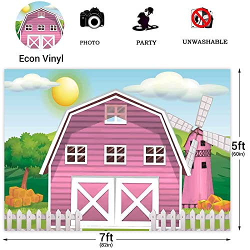 Eainb 7x5ft Pink Farm Barn Backdrop Cartoon Farm Animals Party Photography Background Pink Barn House Green Grass Background Girls 1st 2nd Birthday Party Baby Shower Cake Table Decoration Supplies - Image 3