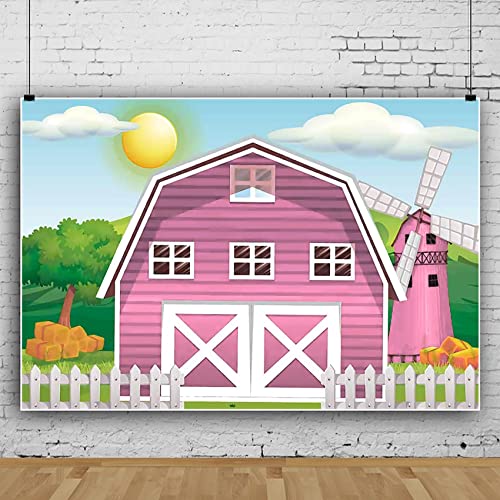 Eainb 7x5ft Pink Farm Barn Backdrop Cartoon Farm Animals Party Photography Background Pink Barn House Green Grass Background Girls 1st 2nd Birthday Party Baby Shower Cake Table Decoration Supplies - Image 4