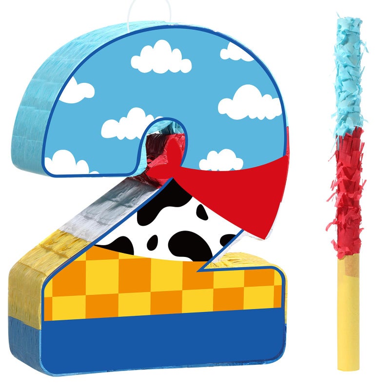 Hungdao Toy Inspired Birthday Piata for Kids Cartoon Cow Number Piata Decorations Summer Cartoon Game with Stick Red Scarf Blue Sky Cloud Boys Girls Baby Shower Farm Party FavorNumber 2 - Image 3
