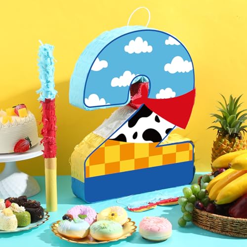 Hungdao Toy Inspired Birthday Piata for Kids Cartoon Cow Number Piata Decorations Summer Cartoon Game with Stick Red Scarf Blue Sky Cloud Boys Girls Baby Shower Farm Party FavorNumber 2 - Image 5