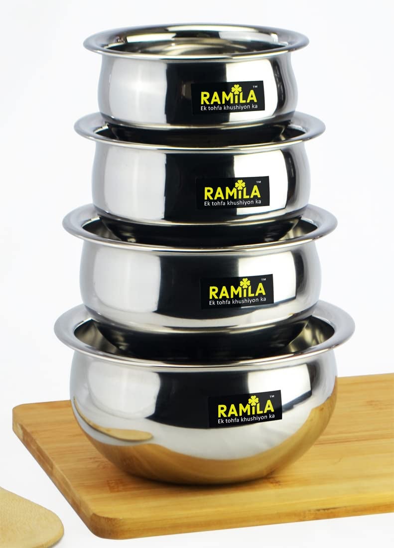 Ramila Brand Stainless Steel Handi Set Serving for Kitchen Cooking Steel Pot Vessels Set of 4 Pieces Capacity 15Liter 1Liter 075Liter 050Liter - Image 1