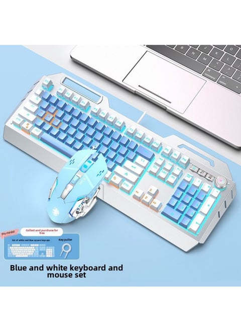 Forerunner TK900 Mechanical Keyboard Wired Mouse Suit Game Computer Electronic Competition Green Axis Wireless Keyboard Mouse Special-Color:Blue-white [blue-green Shaft] Multi-function Knob + E-race Macro Mouse