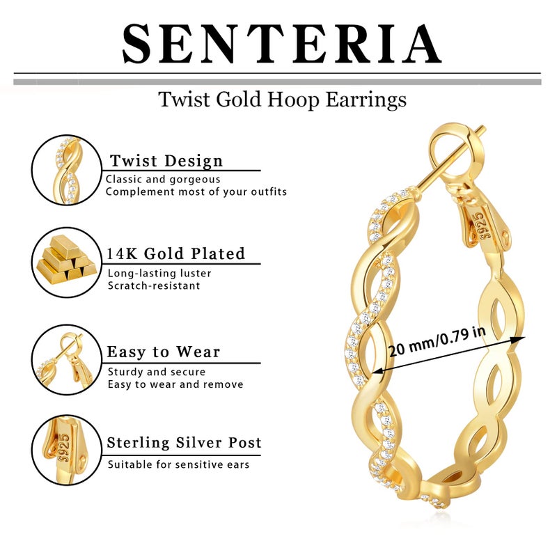 Senteria Twisted Hoop Earrings 14k Gold Plated Hoop Earrings for Women With AAAAA Cubic Zirconia Lightweight Hypoallergenic Hoops (20MM) - Image 4