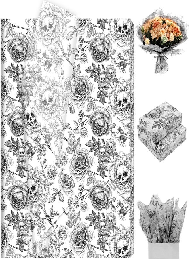 Fabllewavi 100 Sheets Vintage Skeleton Floral Tissue Paper, Skull Rose Pattern Wrapping Paper for Halloween Party Trick or Treat DIY Crafts Day of The Dead Party Supplies, 13.8 x 19.7 Inch - Image 1