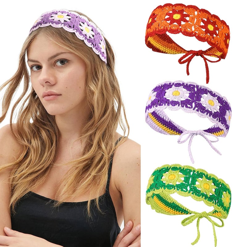 CHLINS Daisy Floral Elastic Handmade Crochet Headbands  3PCS Bohemian Knit Head Wraps for Women and Girls Colorful Purple Green Orange