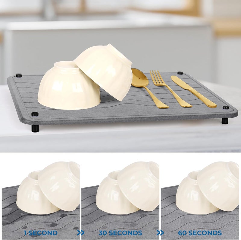 حصير تجفيف الأطباق الحجري للعداد المطبخي - مقاس 15.7" x 11.8"، حصير تجفيف سريع - يستخدم تراب الدياتوميا ذو القدرة العالية على الامتصاص - تصميم على شكل رخام رمادي موجي - Image 4