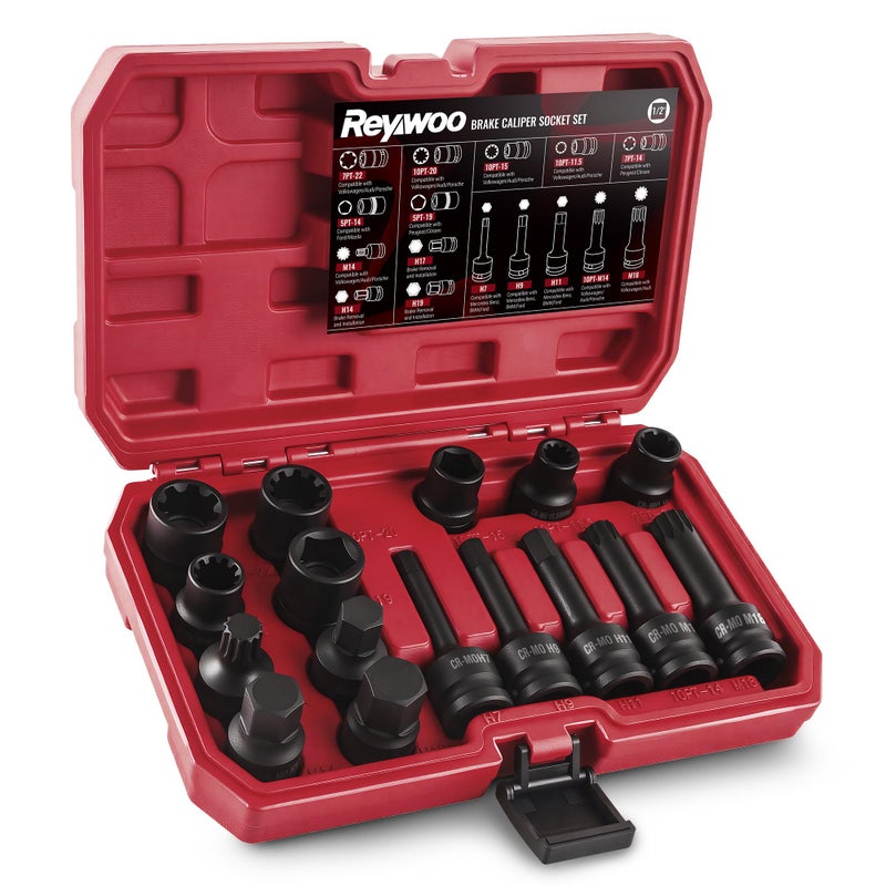 Reywoo 16Piece Impact Brake Caliper Socket Set 12 Square Drive Brake Adjusting Tool Kit Compatible with Audi Benz BMW Porsche Ford VW - Image 2