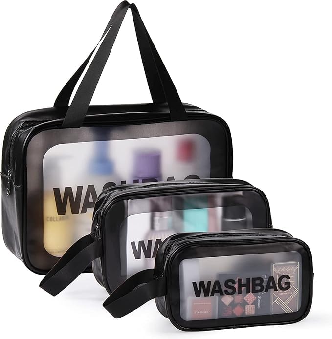 Pramit enterprise Cosmetic Wash Bag Makeup Pouch Travel Transparent Toiletry Waterproof Zipper Wash Bag Household Grooming Kit Portable Organizer Case Carry Pouch 3 pcs Black - Image 1