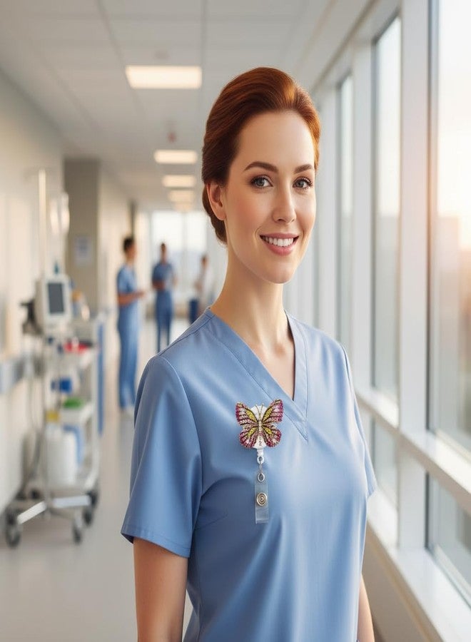 قطعتان من بكرات شارة قابلة للسحب مزينة بأحجار الراين على شكل فراشة، بكرات حامل شارة مرصعة بالألماس مع مشبك تمساح دوار لمستلزمات تعريف الممرضات والمعلمين والمتطوعين والموظفين (أزرق ووردي) - Image 3