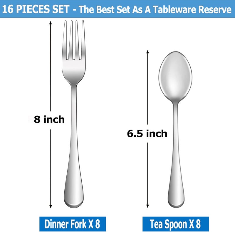 MUTNITT 16 Pcs Forks and Spoons Silverware Set,Food Grade Stainless Steel Flatware Cutlery Set for Home,Kitchen and Restaurant,Mirror Polished,Dishwasher Safe - 8 Dinner Fork(8 inch) and 8 Teaspoon(6.5 inch) - Image 2