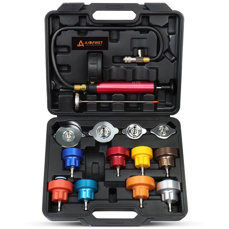 ADAFIRST Coolant Pressure Tester Kit Manual Pump Radiator Pressure Tester and Adapters Work on Cooling System Leak Down Test for Cars Motorcycles Trucks Airlifts 14PCS Automotive Tools Black