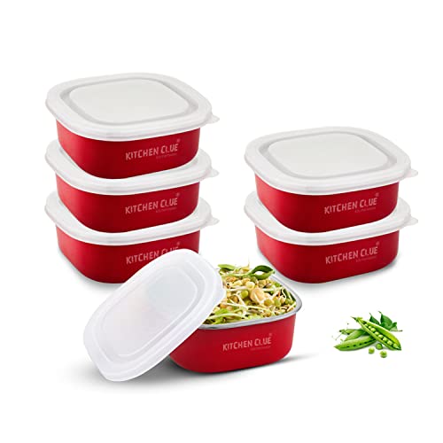 KITCHEN CLUE Microwave Safe Stainless Steel Container With Lids I Pack Of 6 Pcs, Red - 350 Ml Each I Leak Proof Lunch Box For Office School Home Bpa Free Use For Kids & Adults, 11 Cm - Image 1