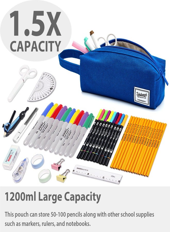SPACEMATE Pencil Case Pouch Box Bag School Supplies Girls Boys Kids, Cute Preppy Stuff Large Big Capacity Aesthetic Canvas Pen Organizer, Back to College Stationary, Blue, Simple Style, 1200ml - Image 2