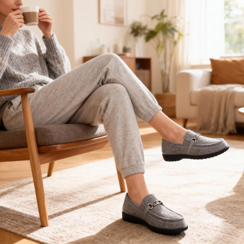 ERGOfoot Women's Moccasin Slippers with Arch Support, Closed Back, Orthopedic Slippers for Plantar Fasciitis, Foot Pain Relief, Fleece Lining House Shoes for Indoor Outdoor Anti-Skid, Grey W8 - Image 2