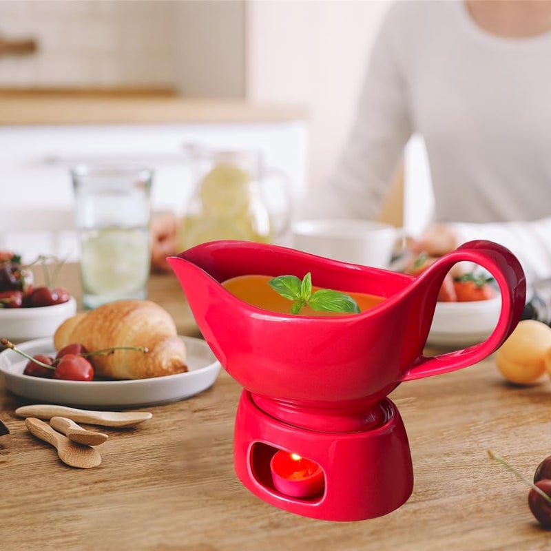 Qlans Porcelain gravy sauce boat with candle holder, 20 ounces, Used for turkey salad dressing, cream milk broth - Thanksgiving and Christmas dishes - Red - Image 2