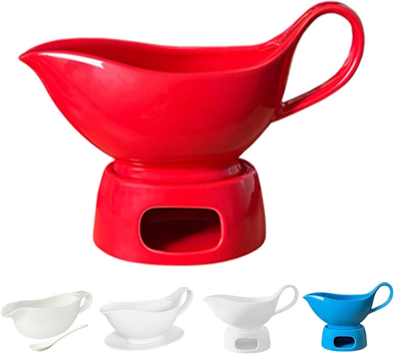 Qlans Porcelain gravy sauce boat with candle holder, 20 ounces, Used for turkey salad dressing, cream milk broth - Thanksgiving and Christmas dishes - Red - Image 1