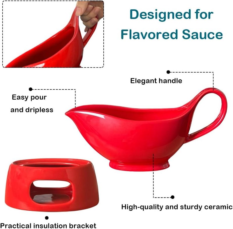 Qlans Porcelain gravy sauce boat with candle holder, 20 ounces, Used for turkey salad dressing, cream milk broth - Thanksgiving and Christmas dishes - Red - Image 5