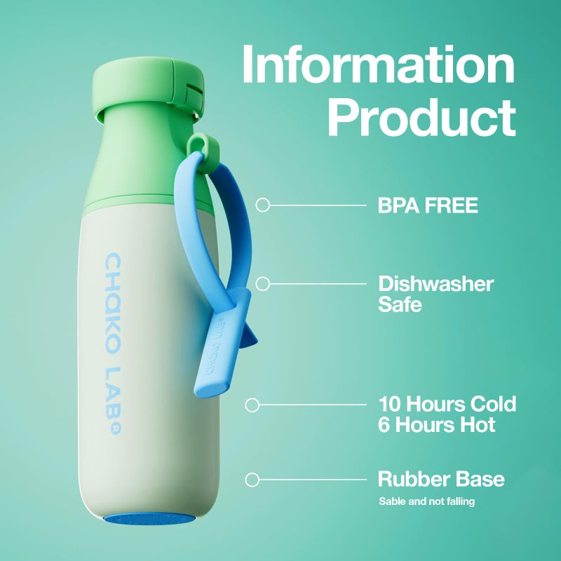 CHAKO LAB Insulated Stainless Steel Water Bottle with Two Strap | BPA-Free Leak Proof | 17oz Bottle with Spout Lid & Straw | Mint Milk - Image 2