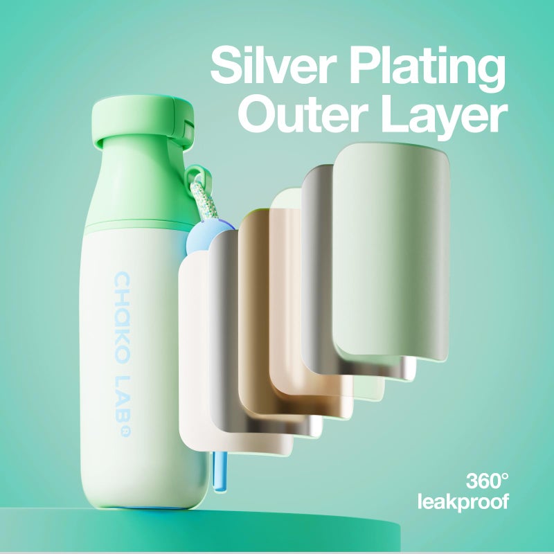 CHAKO LAB Insulated Stainless Steel Water Bottle with Two Strap | BPA-Free Leak Proof | 17oz Bottle with Spout Lid & Straw | Mint Milk - Image 4