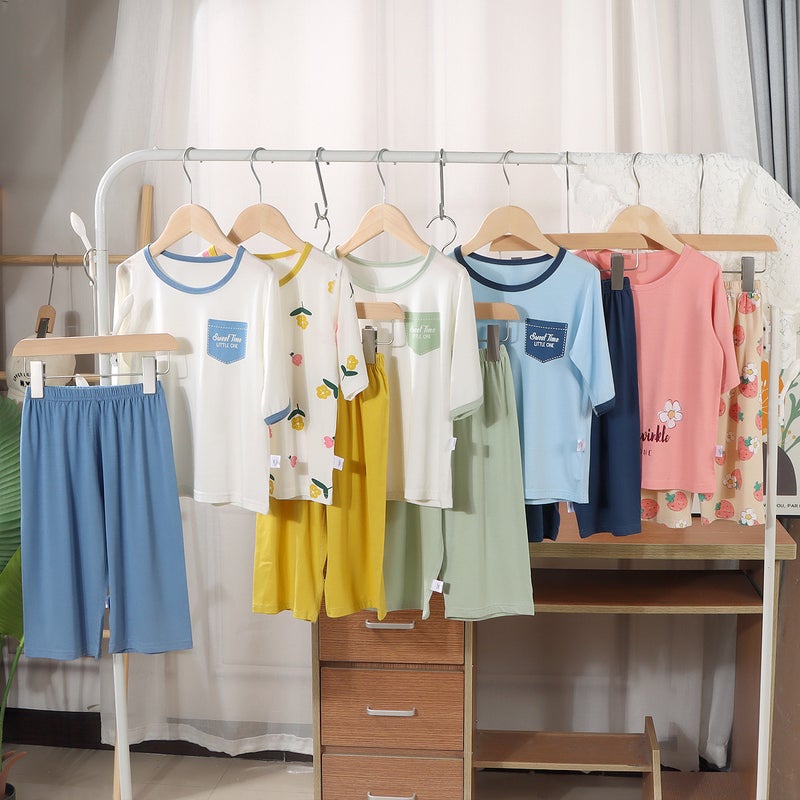 Boys Girls Summer Thin Sleepwear Set Short Sleeve Pajamas Kids Homewear 7-Piece Suit - Image 2