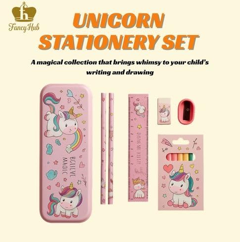 FancyHub Unicorn School Stationery Set, 8-in-1 Kit with Pencil Box, Crayons, Ruler, Pencils, Eraser, Sharpener, Pink Unicorn Theme Gift Set for Kids - Image 2