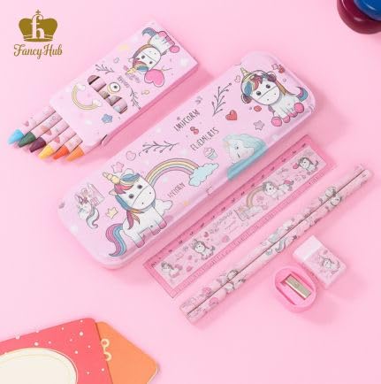 FancyHub Unicorn School Stationery Set, 8-in-1 Kit with Pencil Box, Crayons, Ruler, Pencils, Eraser, Sharpener, Pink Unicorn Theme Gift Set for Kids - Image 3