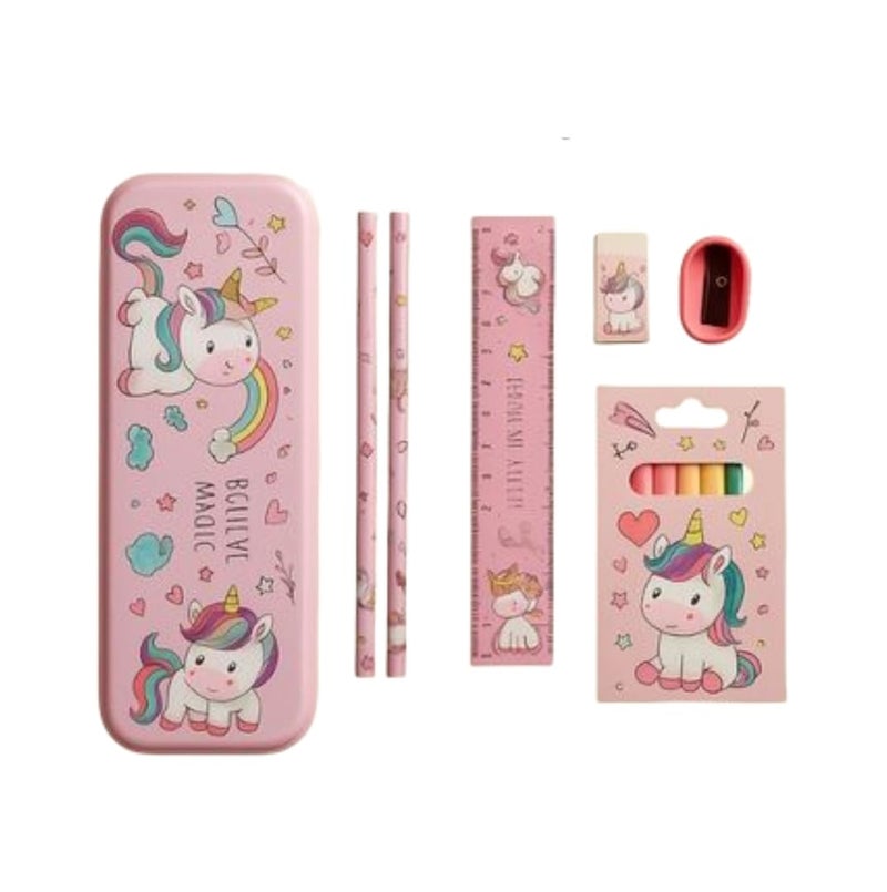 FancyHub Unicorn School Stationery Set, 8-in-1 Kit with Pencil Box, Crayons, Ruler, Pencils, Eraser, Sharpener, Pink Unicorn Theme Gift Set for Kids - Image 1