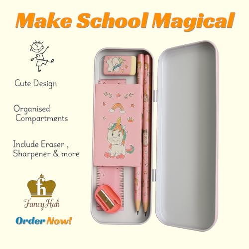 FancyHub Unicorn School Stationery Set, 8-in-1 Kit with Pencil Box, Crayons, Ruler, Pencils, Eraser, Sharpener, Pink Unicorn Theme Gift Set for Kids - Image 4
