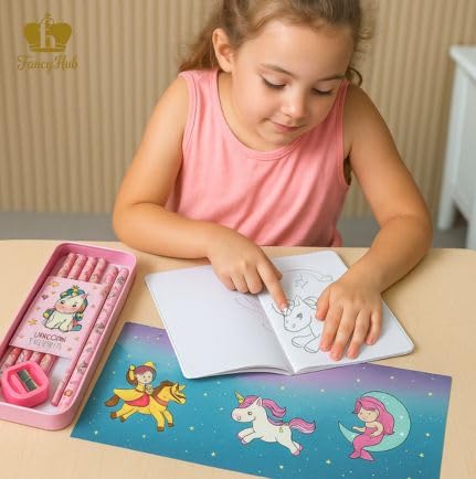FancyHub Unicorn School Stationery Set, 8-in-1 Kit with Pencil Box, Crayons, Ruler, Pencils, Eraser, Sharpener, Pink Unicorn Theme Gift Set for Kids - Image 5