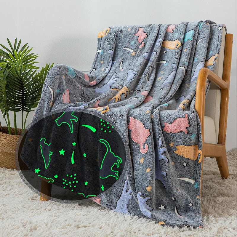 Sviuse Glow in The Dark Cat Blanket Ultra Soft Flannel Throw Gifts for Cats Lovers Girls Kids Grey Lovely Kitten Pattern Luminous Blankets for Couch Bed Sofa (50"x60", Cat 9) - Image 1