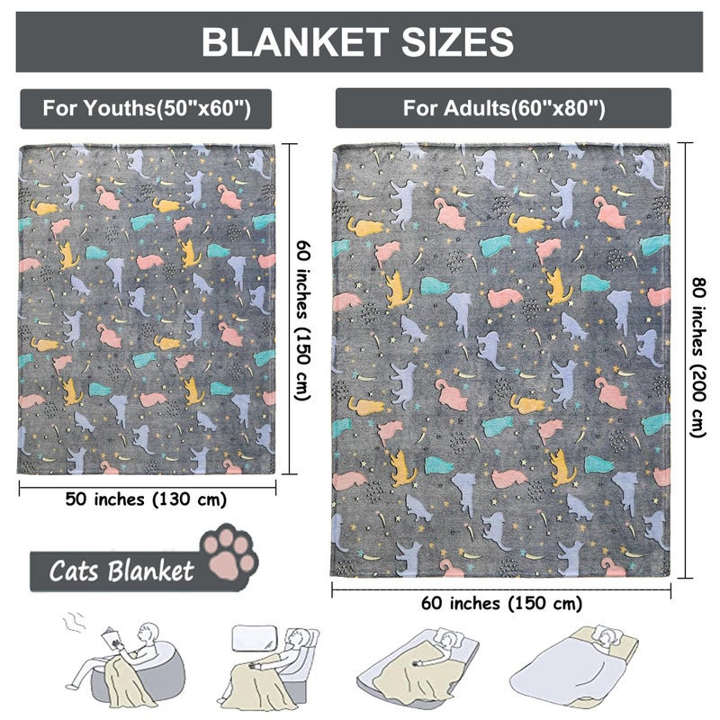 Sviuse Glow in The Dark Cat Blanket Ultra Soft Flannel Throw Gifts for Cats Lovers Girls Kids Grey Lovely Kitten Pattern Luminous Blankets for Couch Bed Sofa (50"x60", Cat 9) - Image 3