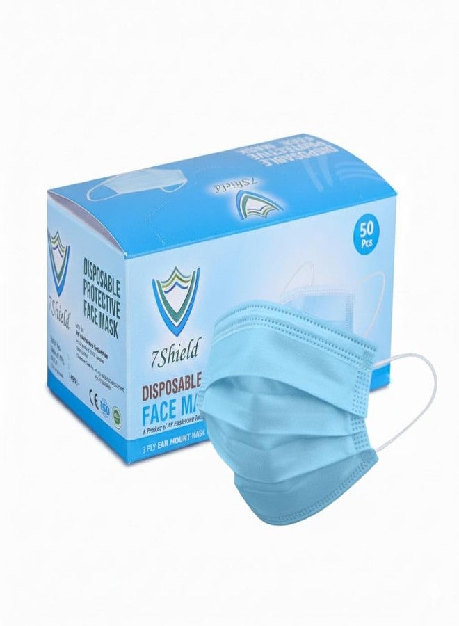 7Shield CE and ISO Certified Non-Woven Fabric Disposable Surgical 3 Ply Mask with Inbuilt Plastic Nose Pin (Blue, Without Valve, Pack of 50) for Unisex - Image 1