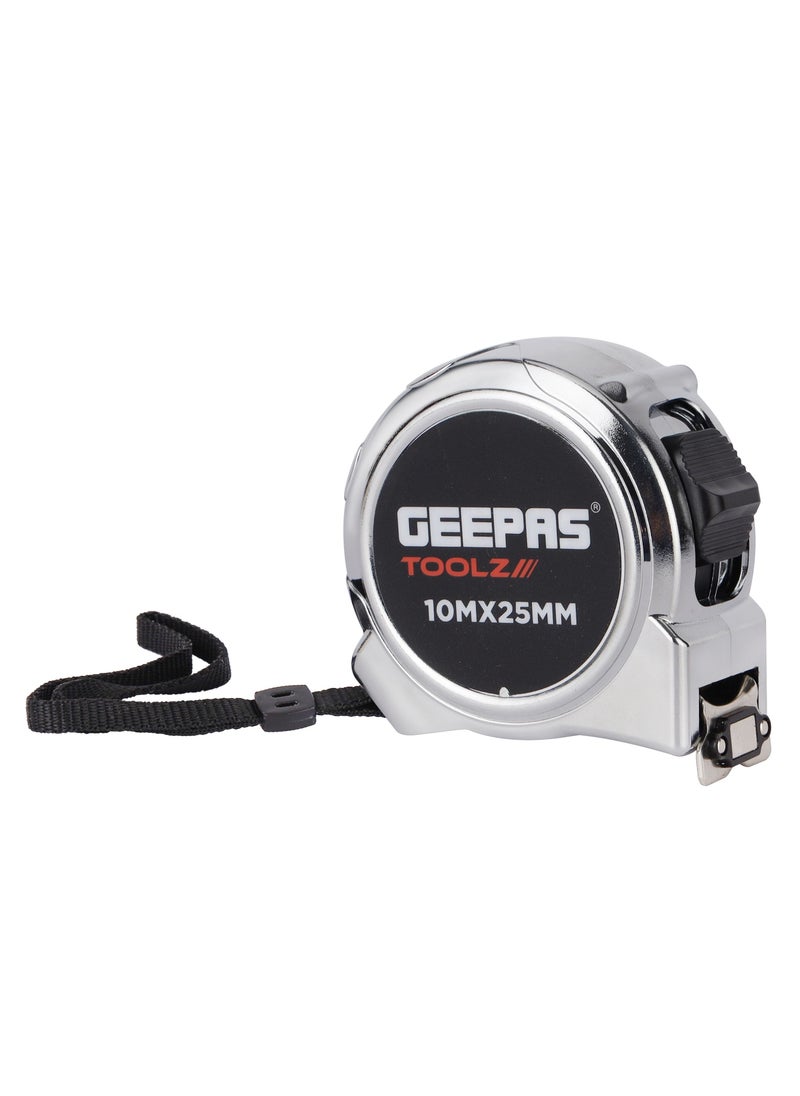 GEEPAS شريط قياس جيباس GT59315، 10 MX 25 مم، هيكل من الكروم عالي التأثير وخطاف مغناطيسي فائق، رؤية عالية على الوجهين، بتدرج متري وبوصة| مثالي للاستخدام المنزلي والعملي، فضي  - Image 1