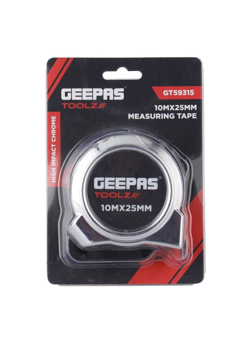 GEEPAS شريط قياس جيباس GT59315، 10 MX 25 مم، هيكل من الكروم عالي التأثير وخطاف مغناطيسي فائق، رؤية عالية على الوجهين، بتدرج متري وبوصة| مثالي للاستخدام المنزلي والعملي، فضي  - Image 4